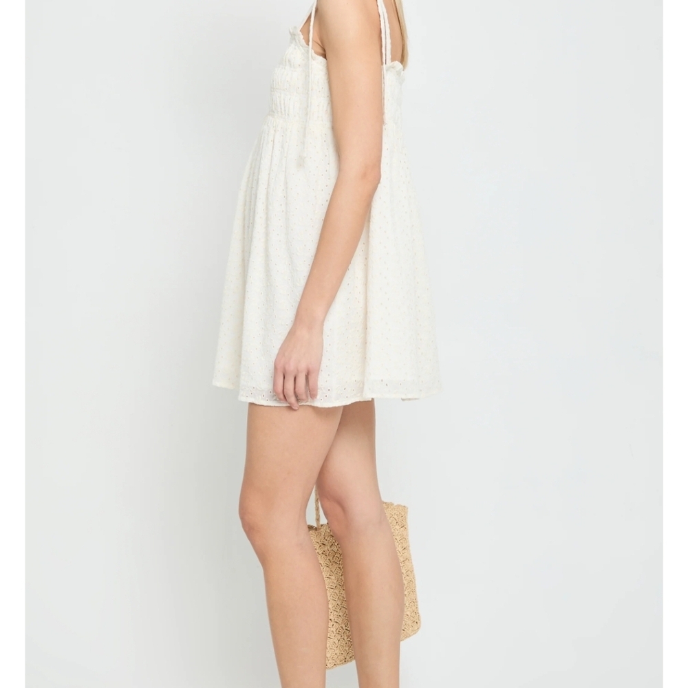 o.p.t Nanette Eyelet Smocked RuffleCotton Mini Dress in Cream, Size XS, Romantic - Picture 2 of 11